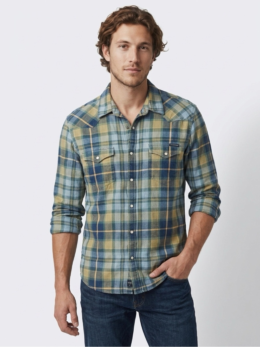 Lucky Brand Blue and Yellow Plaid Western Button-Down Shirt